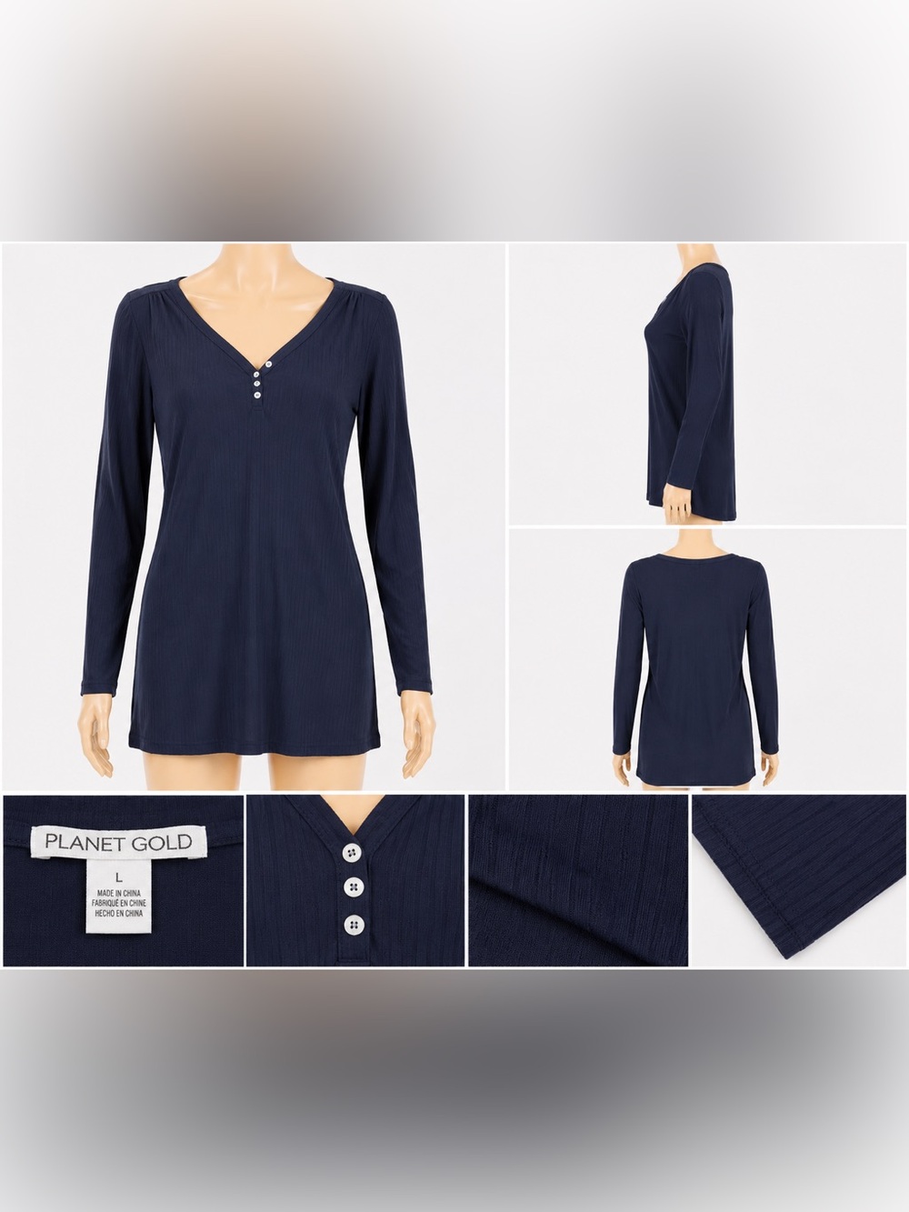 Planet Gold Navy Long Sleeve Ribbed Shirt Dress